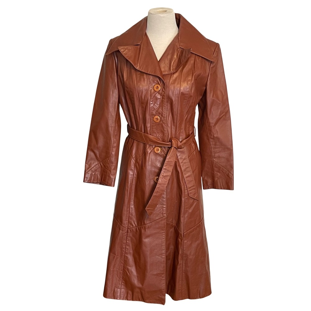 Vintage 1970s Brown Leather Trench Coat Women Belted Full Length Uruguay